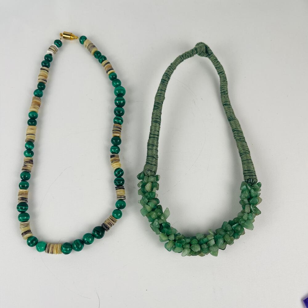 Green Necklaces; Malachite and Shell Heishi 10 1/2"; Aventurine Chip Collar 9"